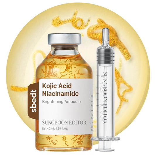 Kojic Acid Niacinamide Brightening Ampoule by Sungboon Editor in a glass bottle with serum dispenser.