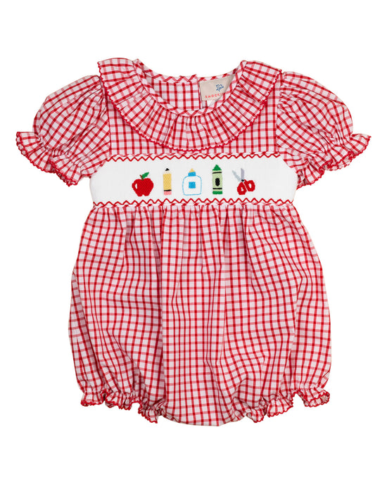 School Supplies Smocked Red Windowpane Cotton Girl Bubble