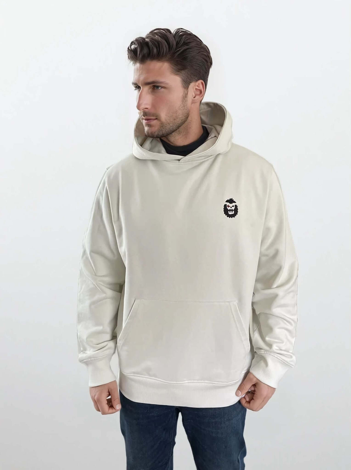 Man wearing Bigfoot 2099 hoodie featuring a unique Bigfoot design, ideal for fans of futuristic apparel.