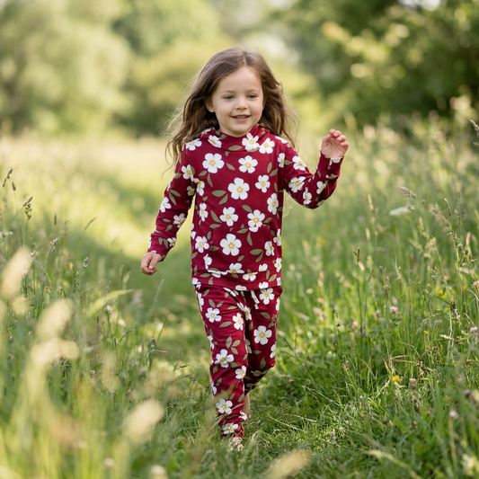 Hooded jogger set red floral outfit on model