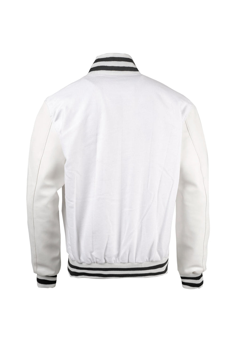 The Weeknd XO Varsity Jacket back view in white and black