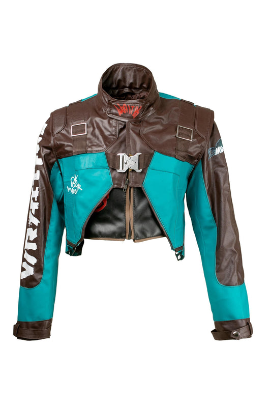 Futuristic cyberpunk bolero jacket for women featuring asymmetrical cuts and high-tech details.