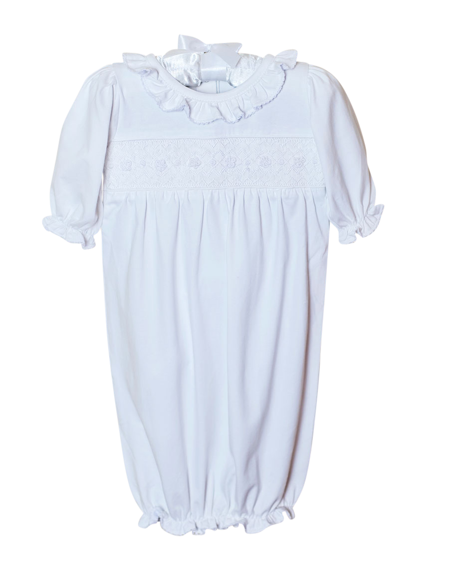 Smocked Baby Gown for Girls in White Knit